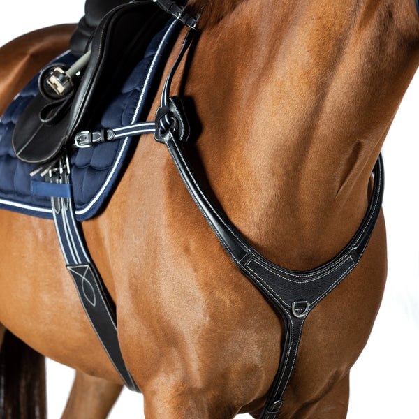 AR 5 POINT LEATHER BREASTPLATE - BLACK WITH BLUE AND WHITE ELASTICS - Flexible Fit Equestrian LLC