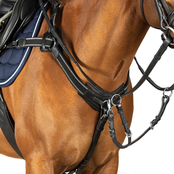 Black leather 5 point breastplate with silver elastic