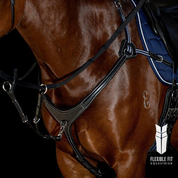 AR 5 POINT LEATHER BREASTPLATE - BLACK WITH BLUE AND WHITE ELASTICS - Flexible Fit Equestrian LLC