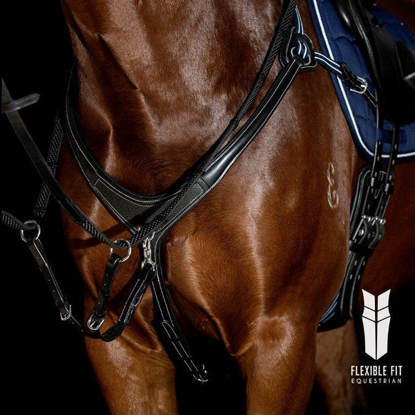 AR 5 POINT LEATHER BREASTPLATE - BLACK WITH BLUE AND WHITE ELASTICS - Flexible Fit Equestrian LLC