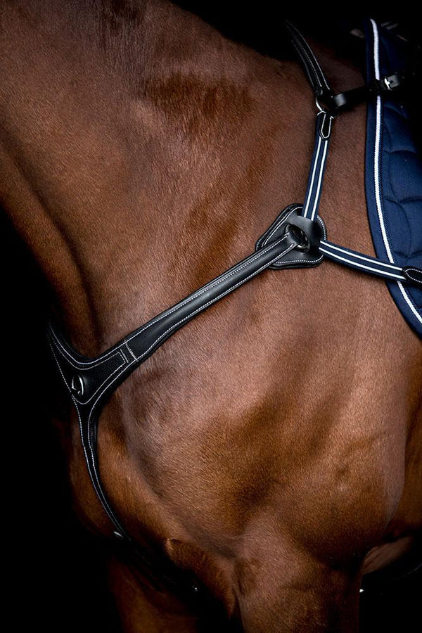 AR 5 POINT LEATHER BREASTPLATE - BLACK WITH BLUE AND WHITE ELASTICS - Flexible Fit Equestrian LLC