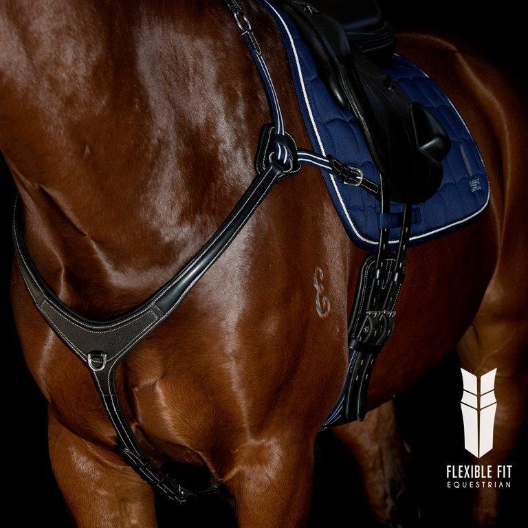 AR 5 POINT LEATHER BREASTPLATE - BLACK WITH BLUE AND WHITE ELASTICS - Flexible Fit Equestrian LLC