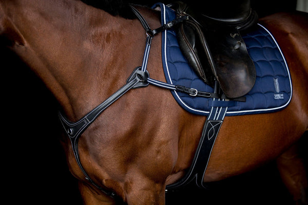 AR 5 POINT LEATHER BREASTPLATE - BLACK WITH BLUE AND WHITE ELASTICS - Flexible Fit Equestrian LLC