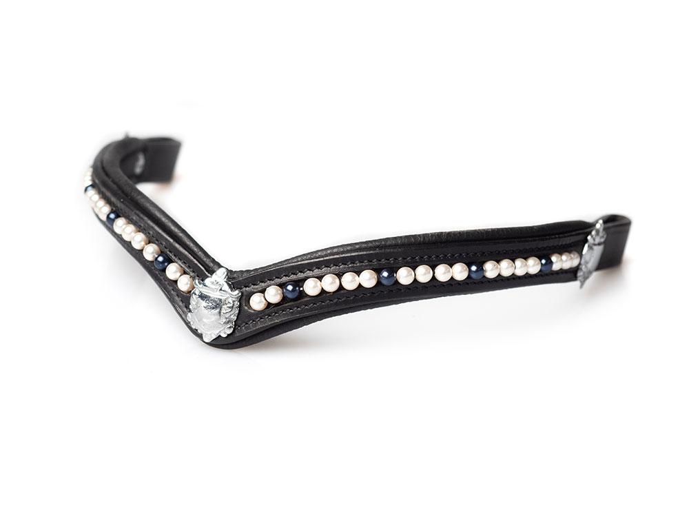 CREAM AND NAVY BLUE PEARL V WITH SHIELDS - BLACK BROWBAND - Flexible Fit Equestrian LLC