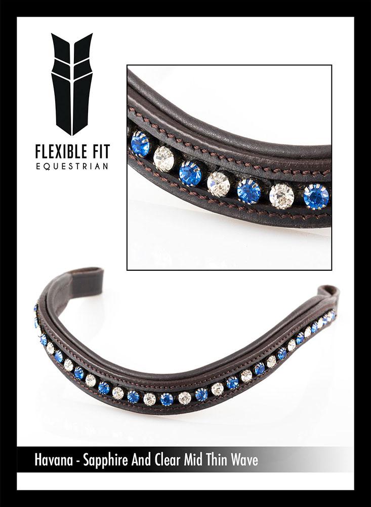 SAPPHIRE AND CLEAR MID THIN WAVE - HAVANA BROWBAND - Flexible Fit Equestrian LLC