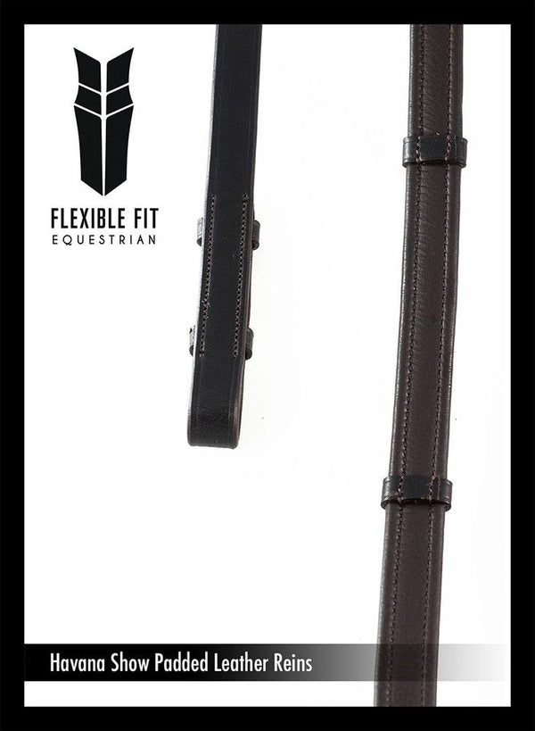 SHOW PADDED LEATHER WITH CONTINENTAL STOPPERS HAVANA REINS - Flexible Fit Equestrian LLC