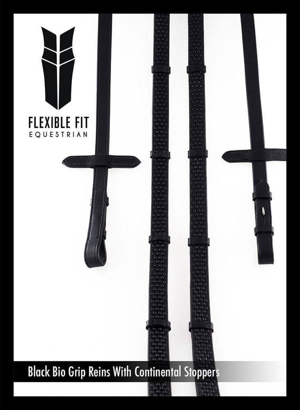 BIO GRIP WITH CONTINENTAL STOPPERS BLACK REINS - Flexible Fit Equestrian LLC